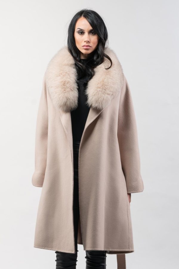 Nude Cashmere Wool Coat With Fur Collar