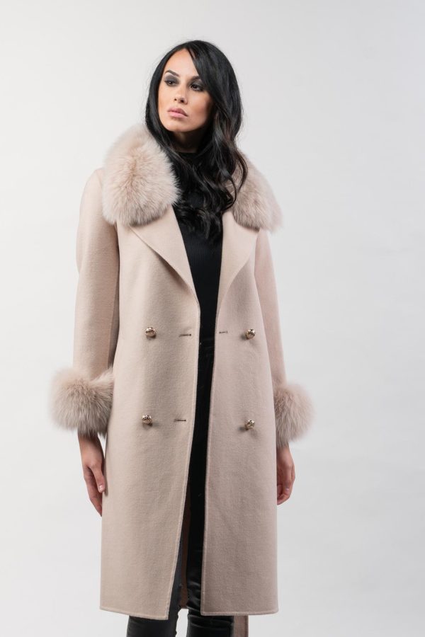 Nude Cashmere Coat With Fur Collar And Cuffs