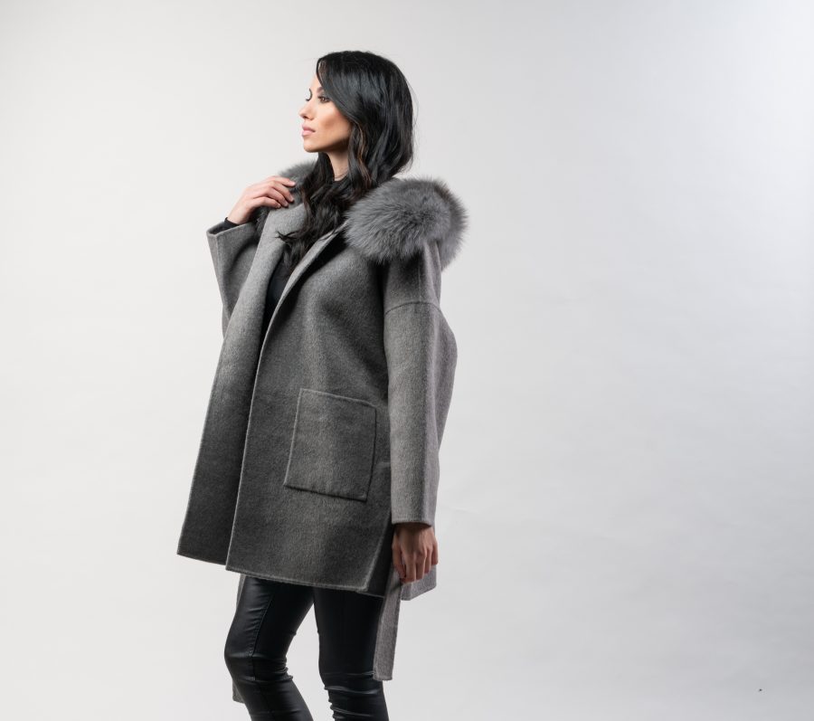 Grey Cashmere Wool Coat With Fur Trim Hood