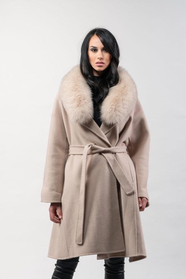 Nude Cashmere Wool Coat With Fur Collar