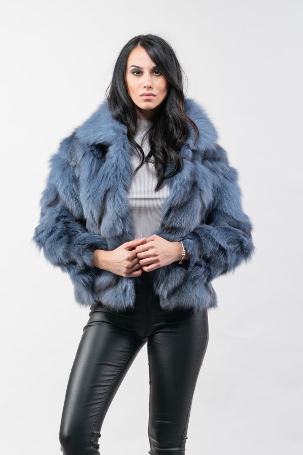 Sky Blue Short Collar Fox Fur Jacket