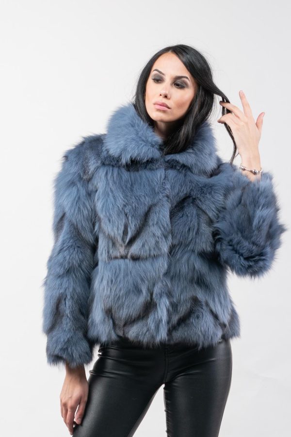 Sky Blue Short Collar Fox Fur Jacket