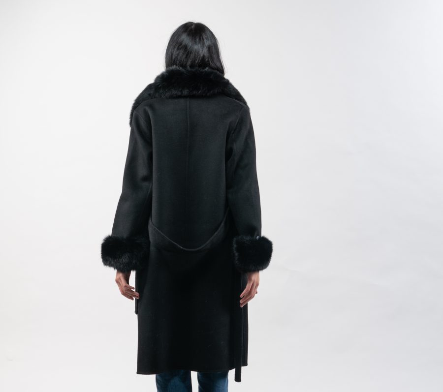 Black Cashmere Wool Coat With Fur Trim Collar And Cuffs