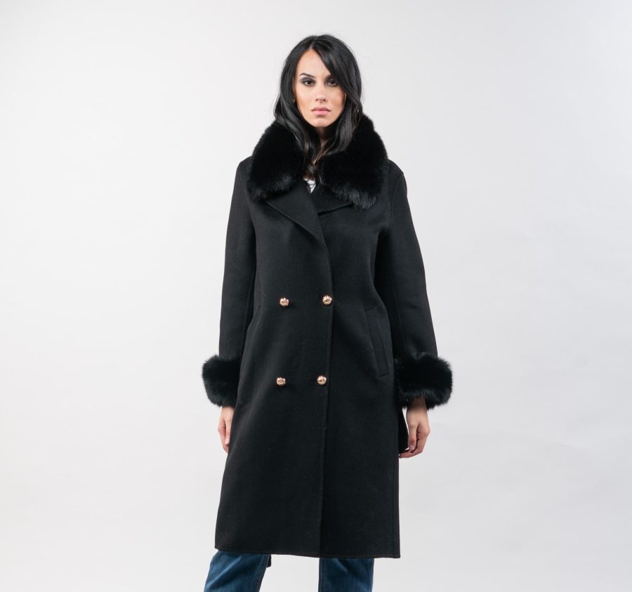 Black Cashmere Wool Coat With Fur Trim Collar And Cuffs