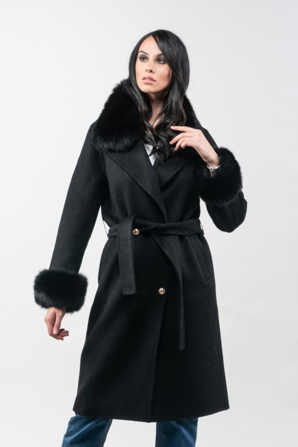 Black Cashmere Wool Coat With Fur Trim Collar And Cuffs