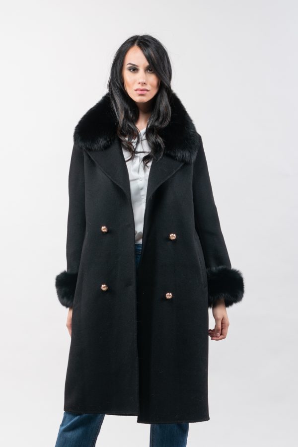 Black Cashmere Wool Coat With Fur Trim Hood And Cuffs- Haute Acorn