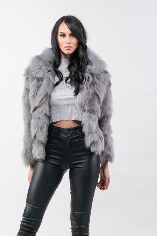 Ash Gray Short Collar Fox Fur Jacket