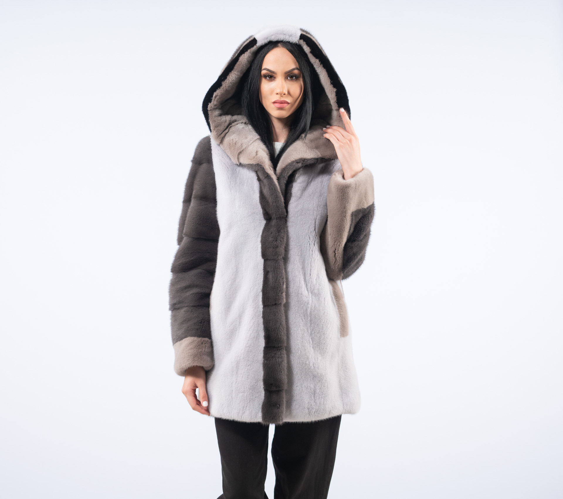 Mix Color Mink Fur Jacket With Hood 100% Real Fur - Haute Acorn