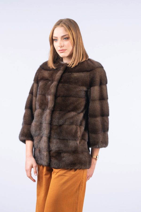 Collarless Brown Mink Fur Jacket