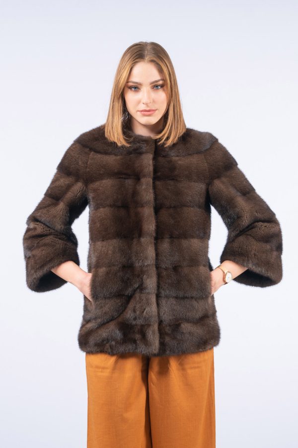 Collarless Brown Mink Fur Jacket