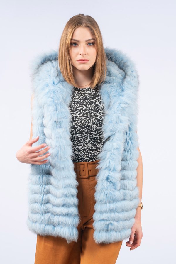 Blue Fox Fur Vest With Hood