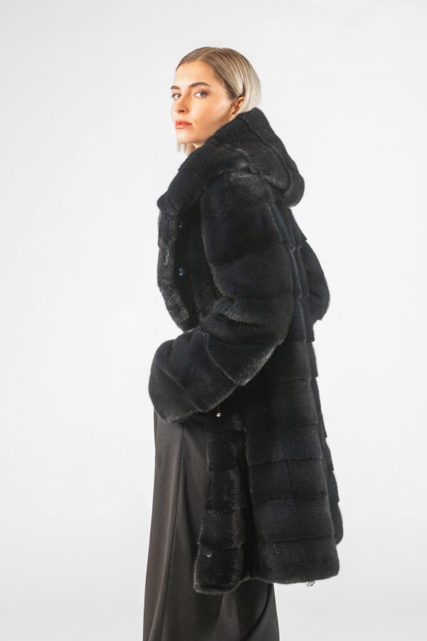 Blue Black Mink Fur Coat with Hood