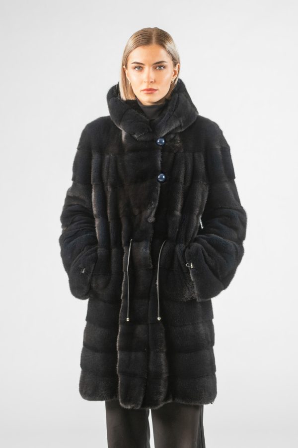 Blue Black Mink Fur Coat with Hood