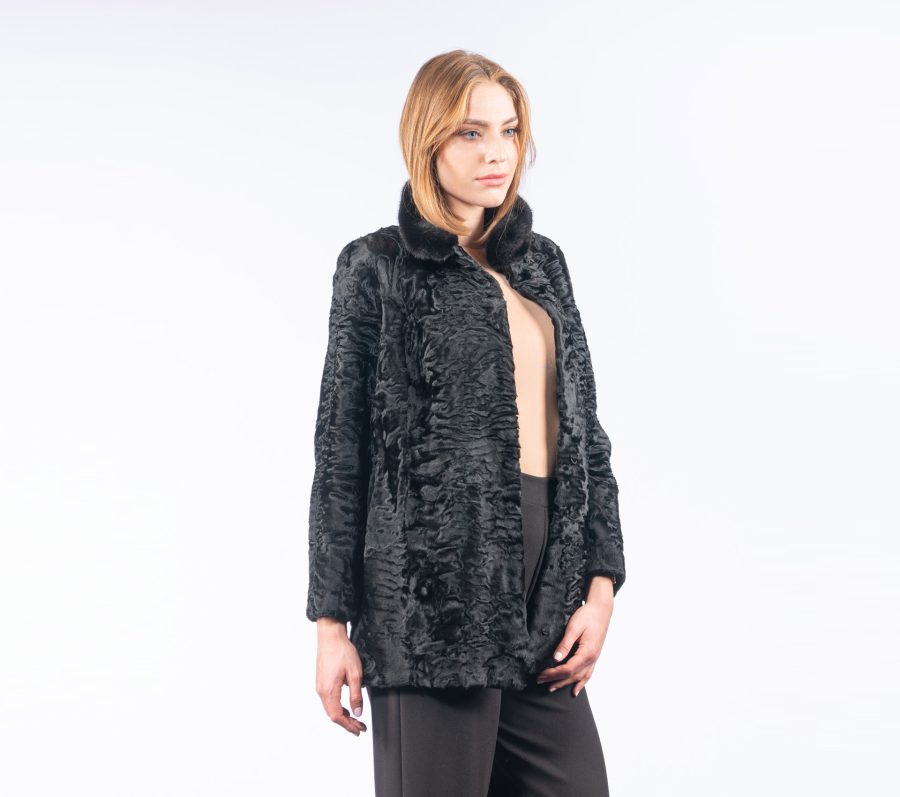 Black Astrakhan Fur Jacket With Mink Collar