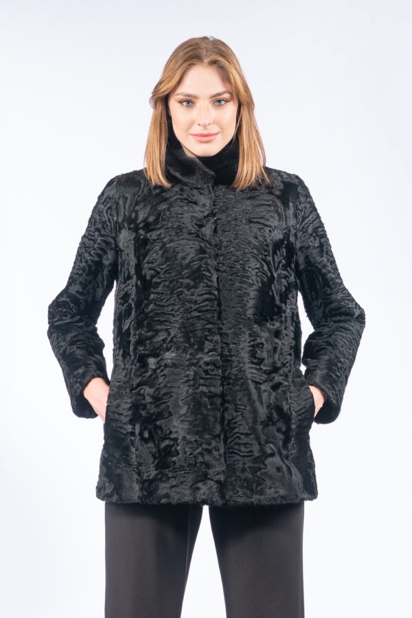 Black Astrakhan Fur Jacket With Mink Collar