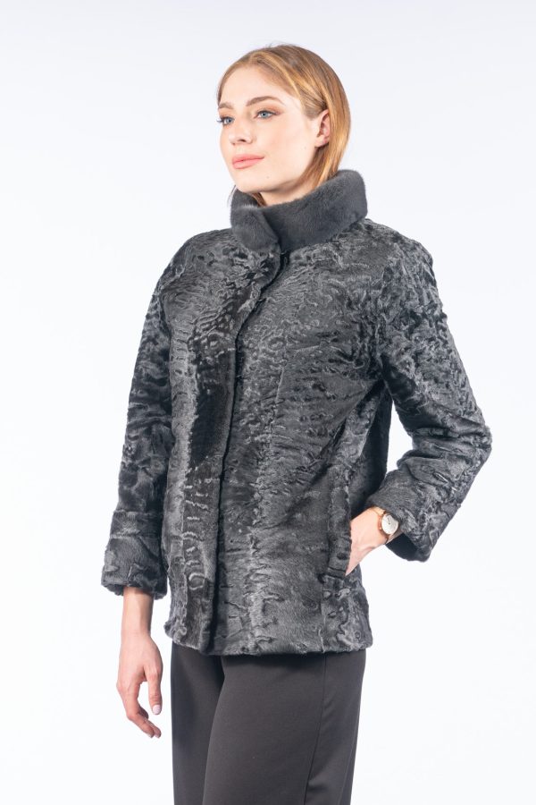 Gray Astrakhan Fur Jacket With Mink Collar