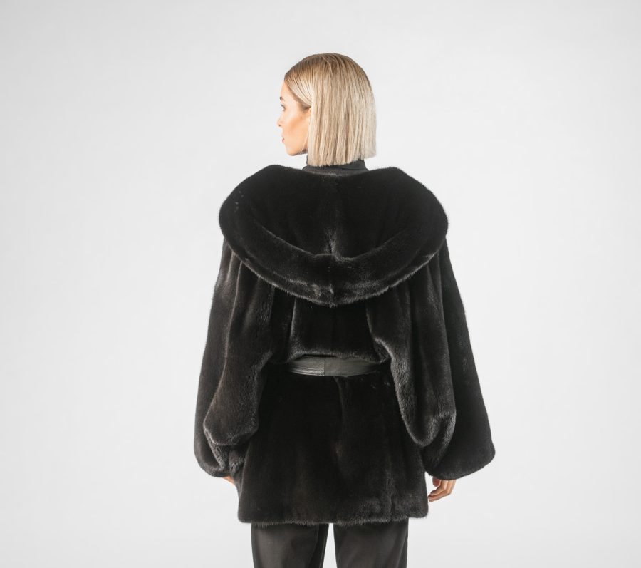 Hooded Black Mink Fur Jacket with Belt