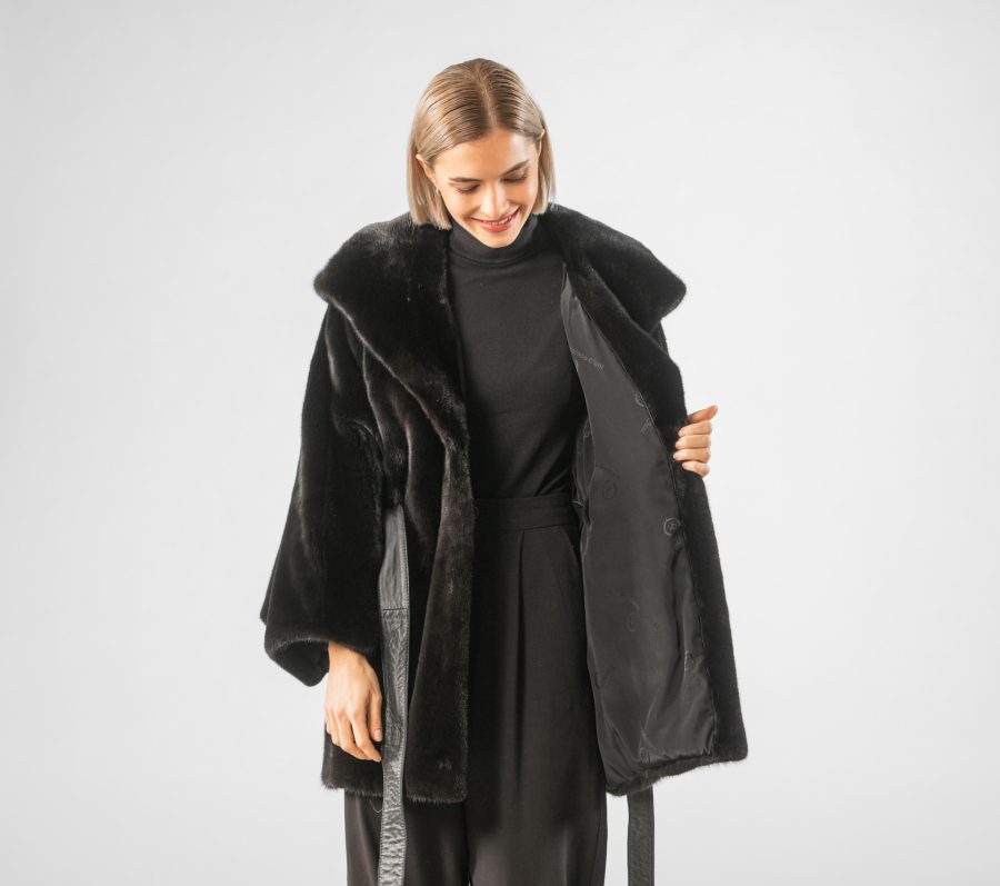 Hooded Black Mink Fur Jacket with Belt