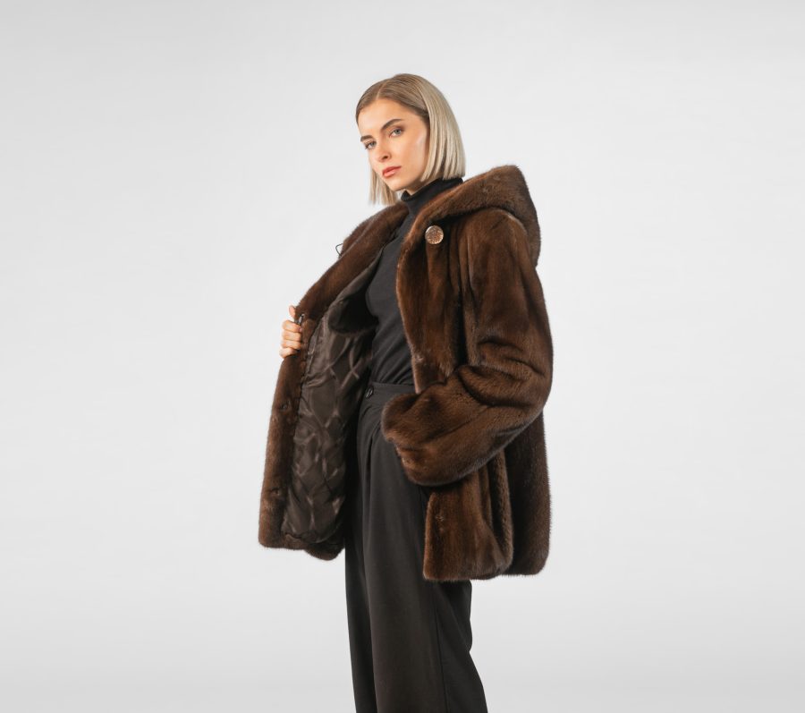 Dark Brown Mink Fur Jacket with Hood