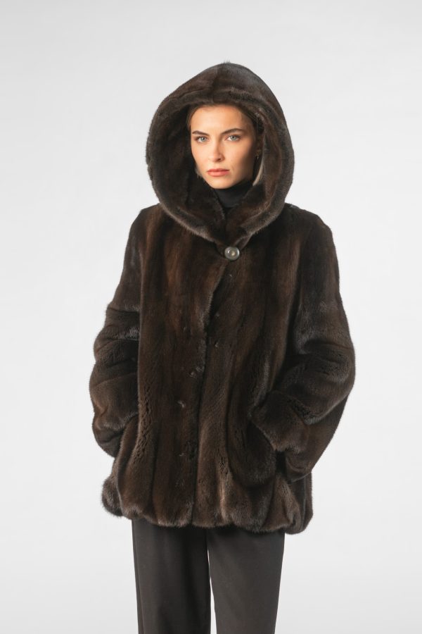 Brown Hooded Mink Fur Jacket
