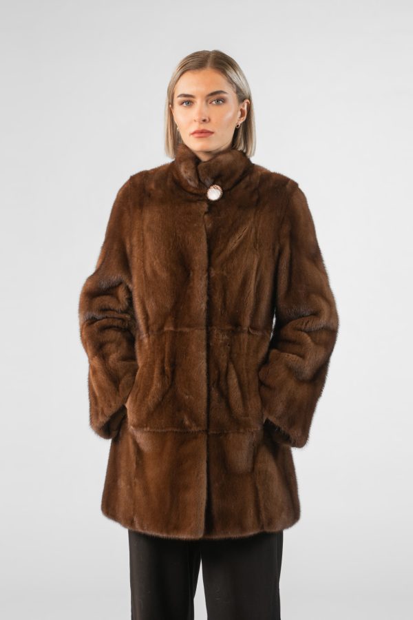 Brown Stand Up Collar Mink Fur Jacket