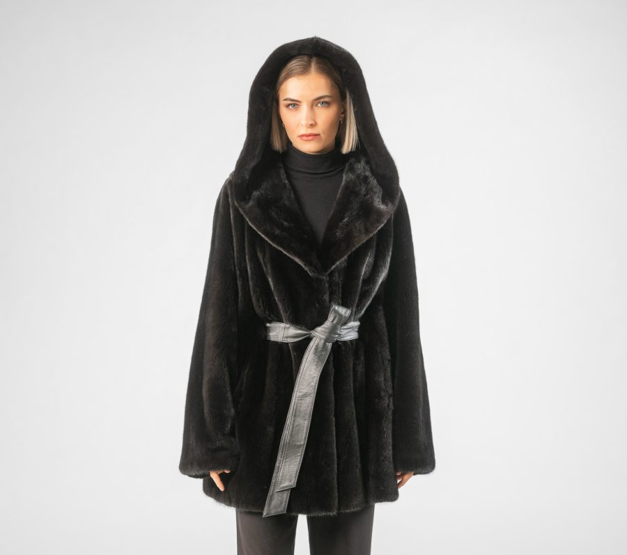 Black Mink Fur Jacket with Hood and Belt