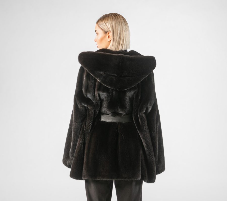 Black Mink Fur Jacket with Hood and Belt