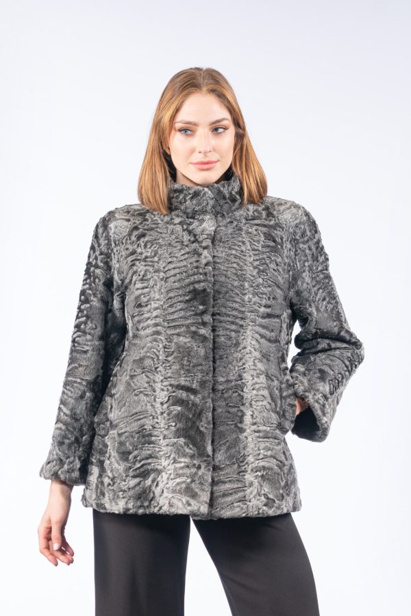 Gray Short Astrakhan Fur Jacket