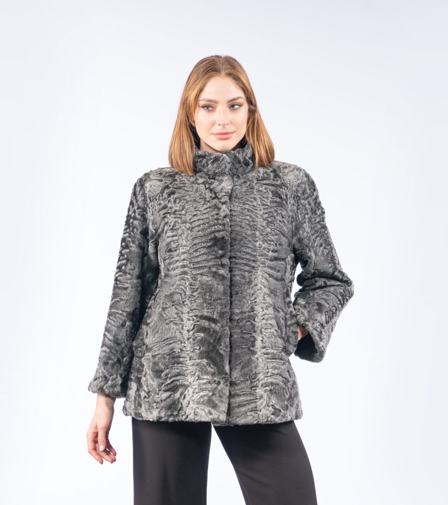 Gray Short Astrakhan Fur Jacket