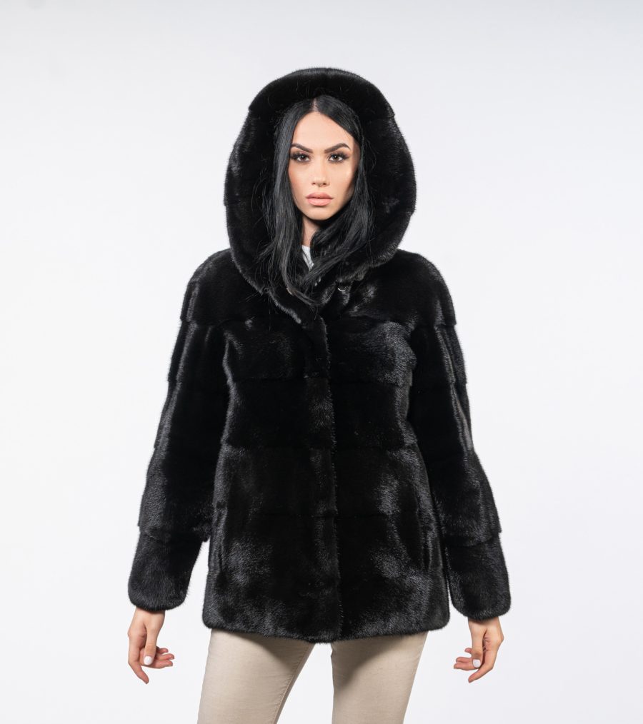 Hooded Black Velvet Mink Fur Jacket