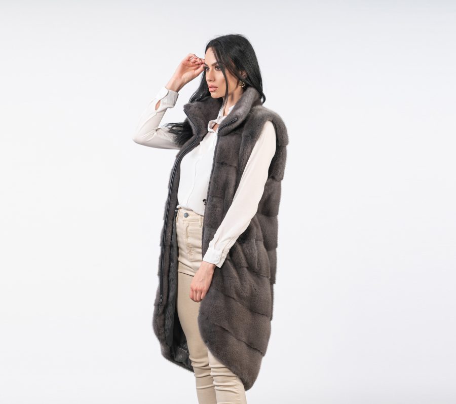 Stone Gray Long Mink Fur Vest
