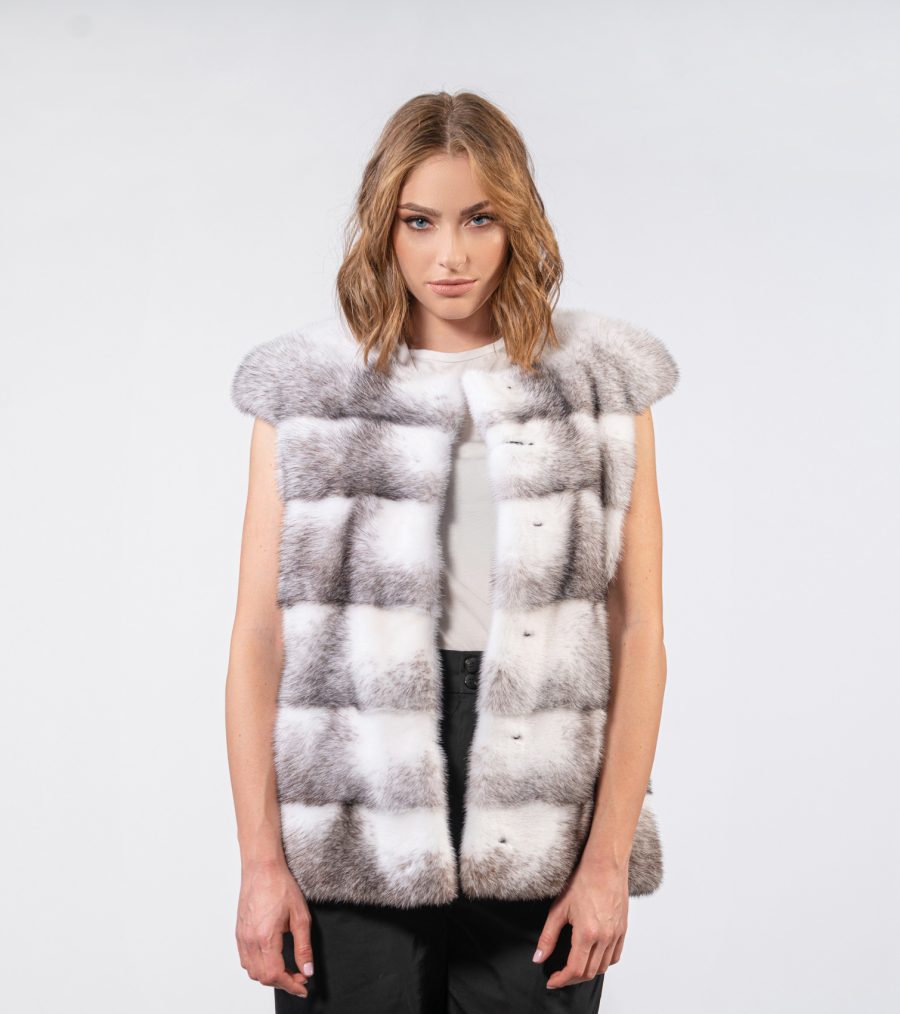 Collarless Black Cross Mink Fur Vest