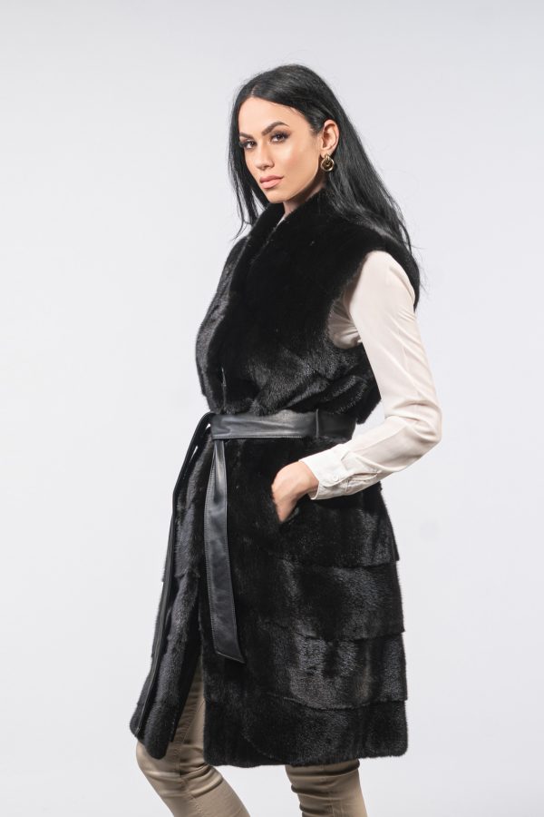 Black Mink Fur Vest With Leather Belt