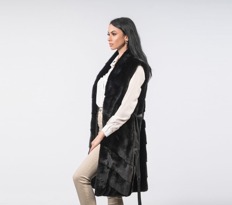 Black Mink Fur Vest With Leather Belt