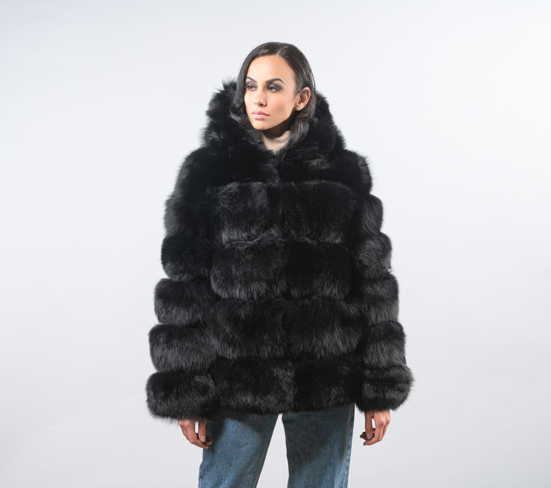 Fox Fur Black Fur Hood Black Fox Fur Jacket With Hood 100% Real