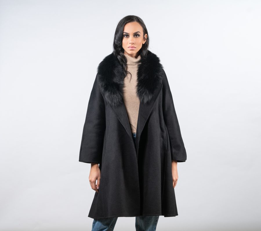 Black Cashmere Wool Coat With Fur Collar