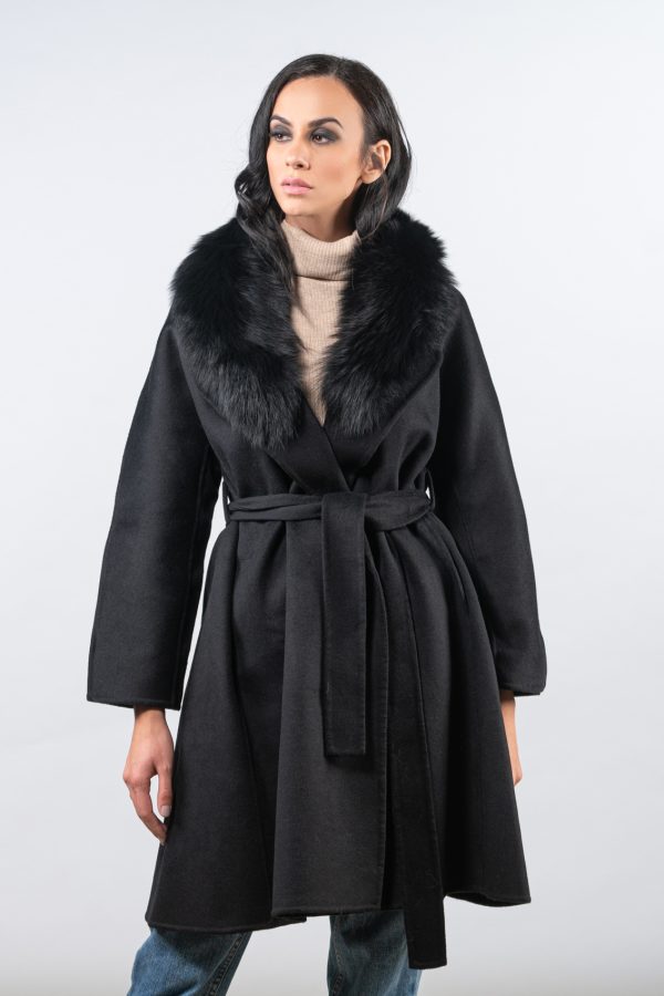 Black Cashmere Wool Coat With Fur Collar