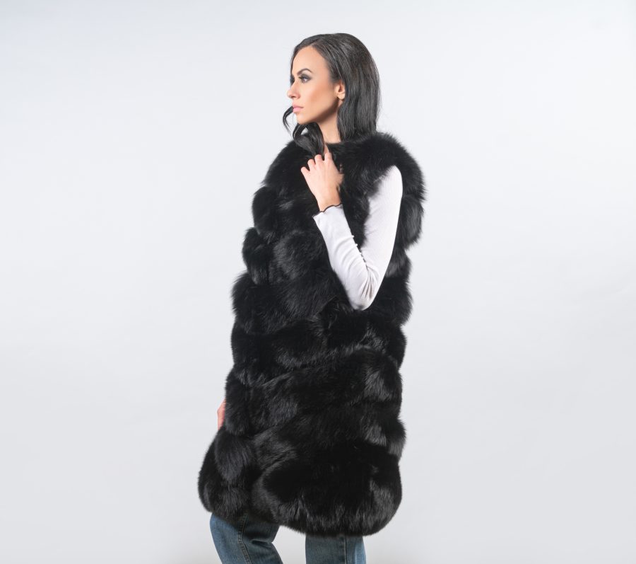 Black Diagonal Fox Fur Vest