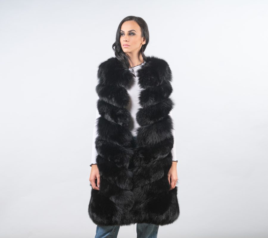 Black Diagonal Fox Fur Vest
