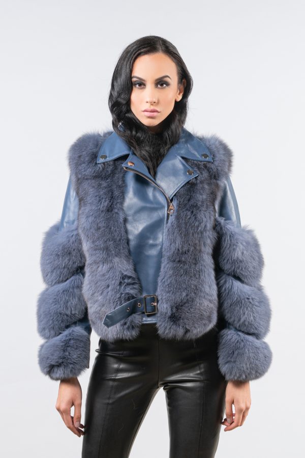 Blue Leather And Fox Fur Jacket