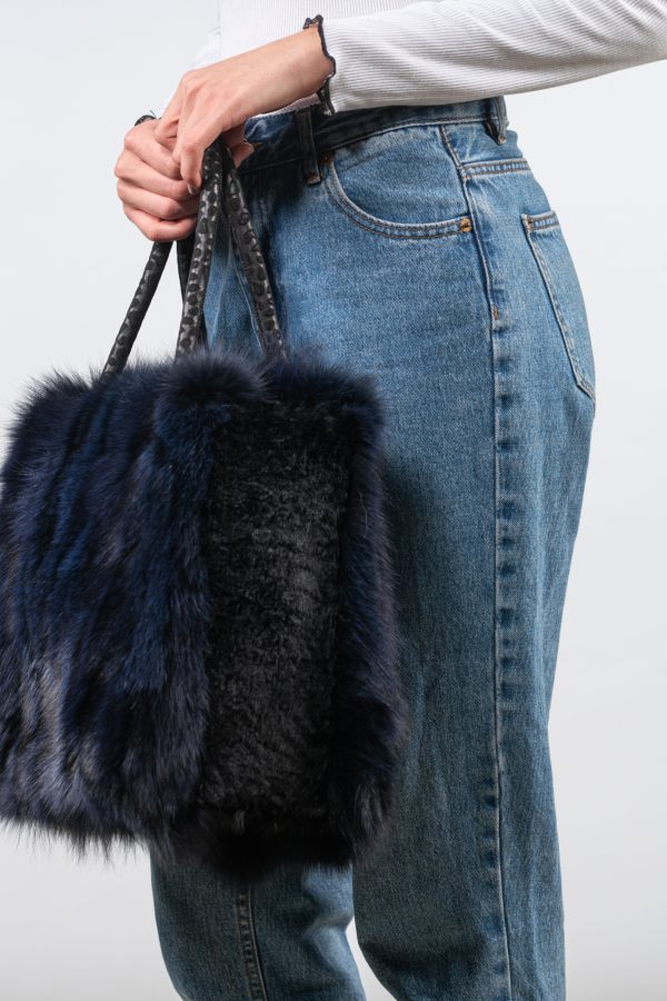 Dark Blue Fox Fur Handbag