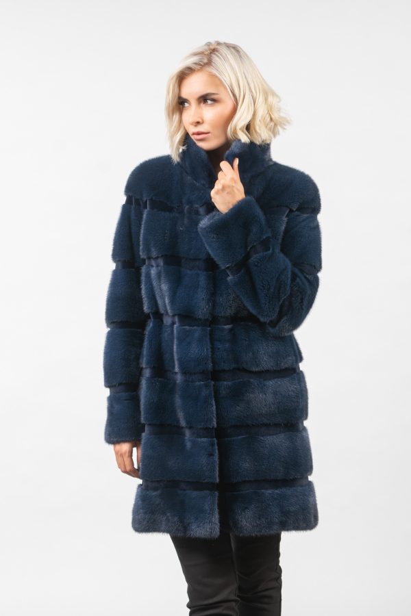 Navy Blue Horizontal Design Mink Fur Jacket