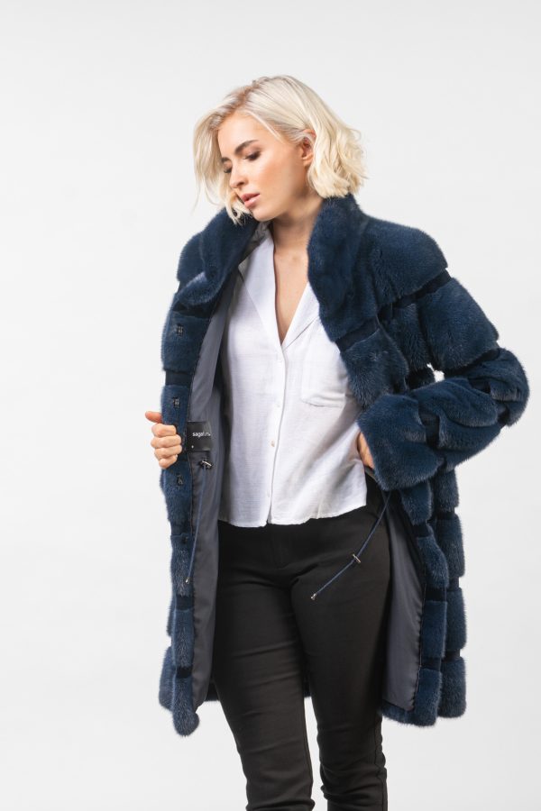 Navy Blue Horizontal Design Mink Fur Jacket