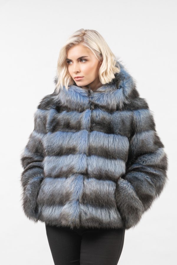 Blue Raccoon Fur Jacket With Hood