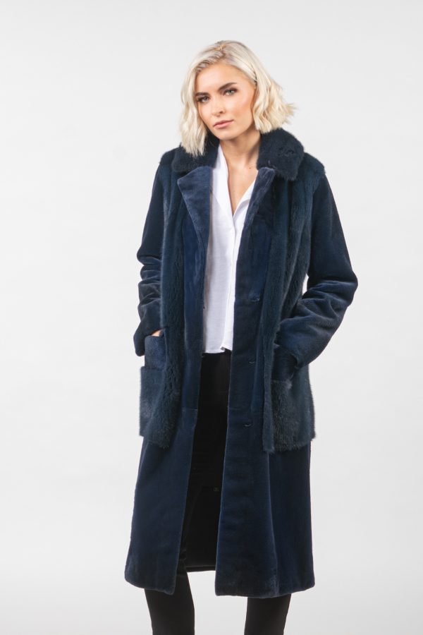 Long Navy Blue Mink Fur Coat With Front Pockets
