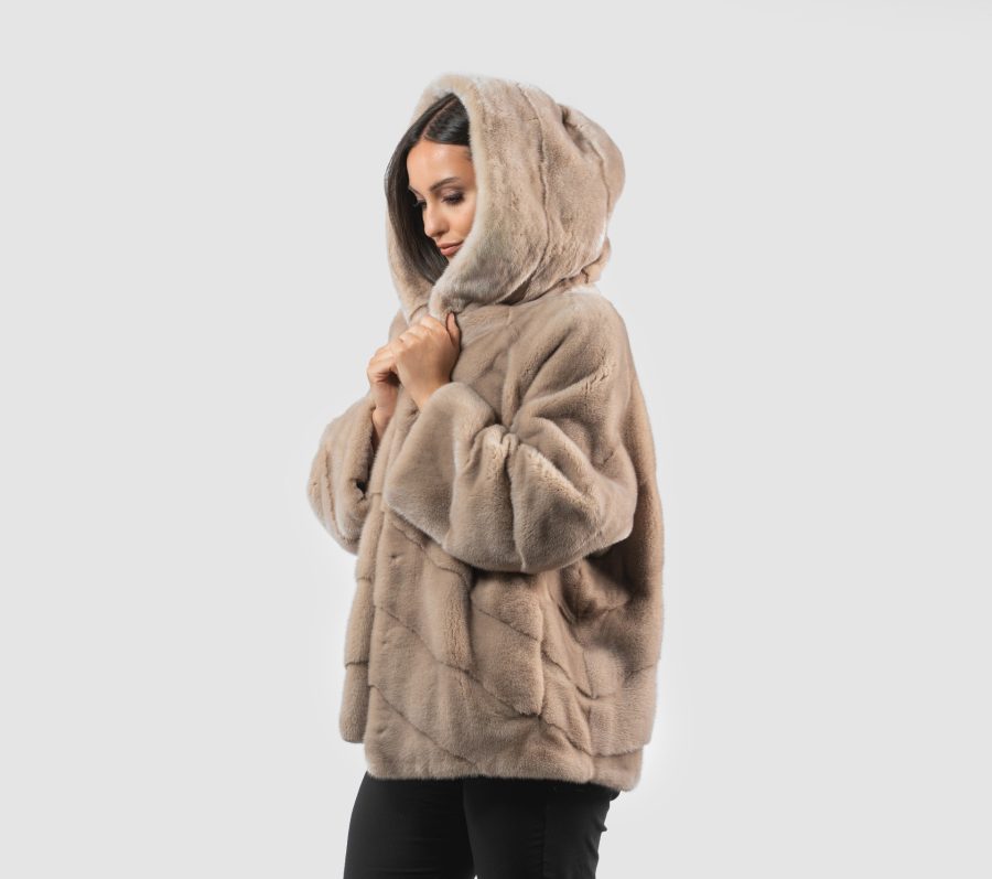 Beige Mink Fur Jacket With Hood