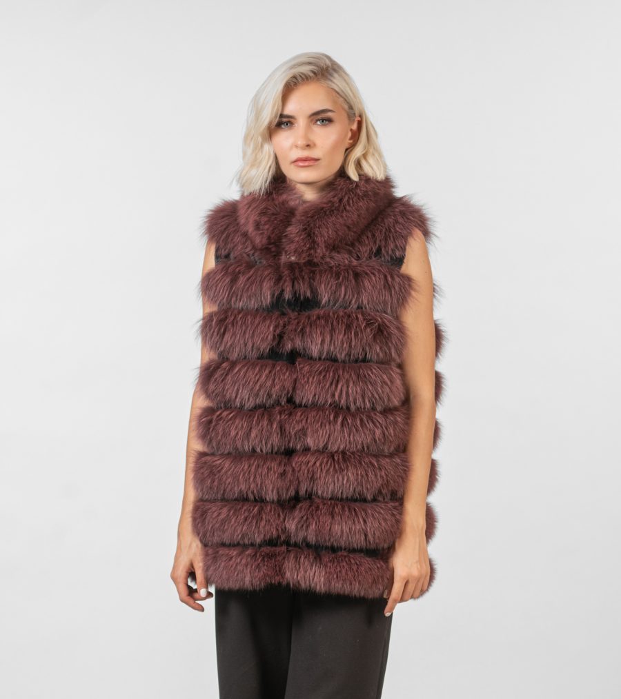 Horizontal Layer Bordeaux Fox Fur Vest
