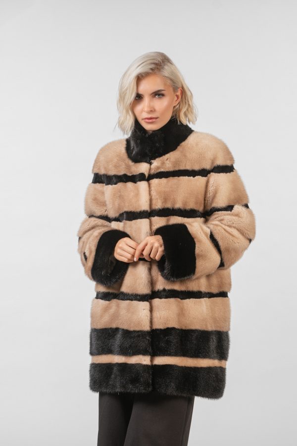 Contrast Color Striped Mink Fur Jacket