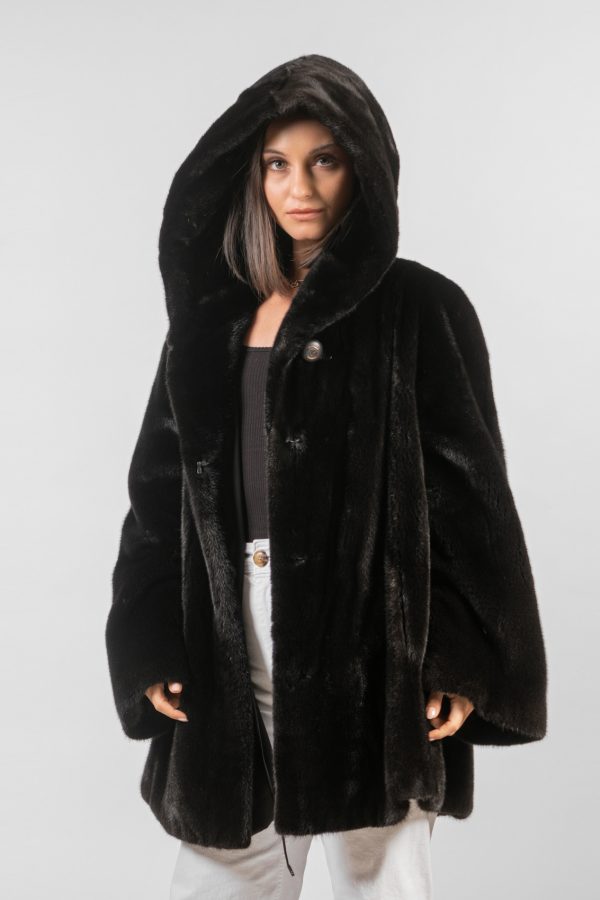 Black Mink Fur Jacket With Drawstring Fastening