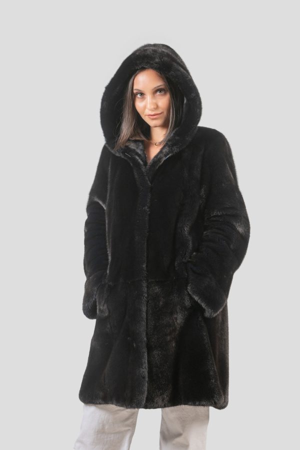 Full Skin Black Mink Fur Jacket With Hood